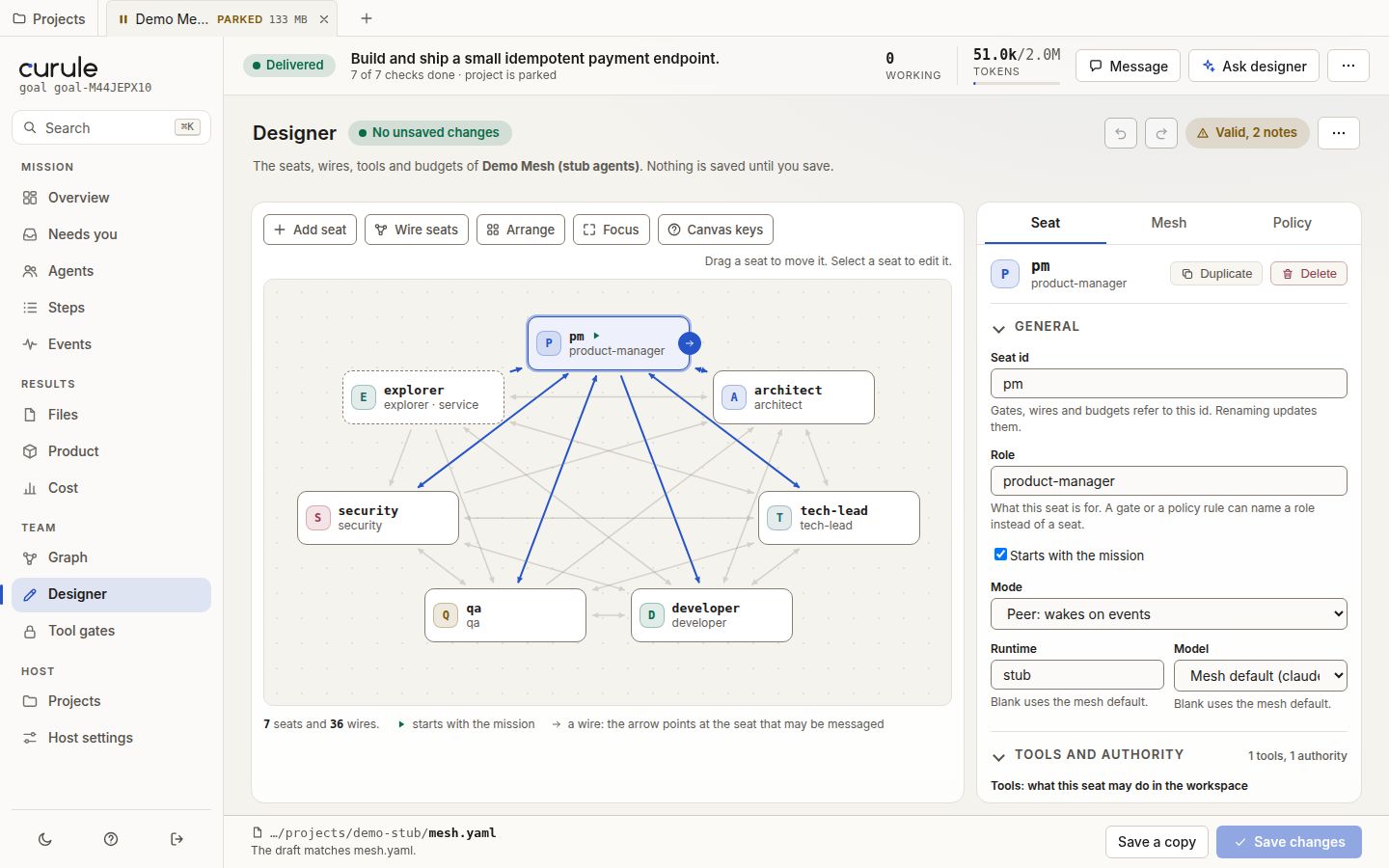 The Designer view: the seven agents of the demo team as seats with arrows for who may contact whom, an inspector for the selected seat, a badge from the live validation reading Valid with two notes, and a bar for saving the configuration.