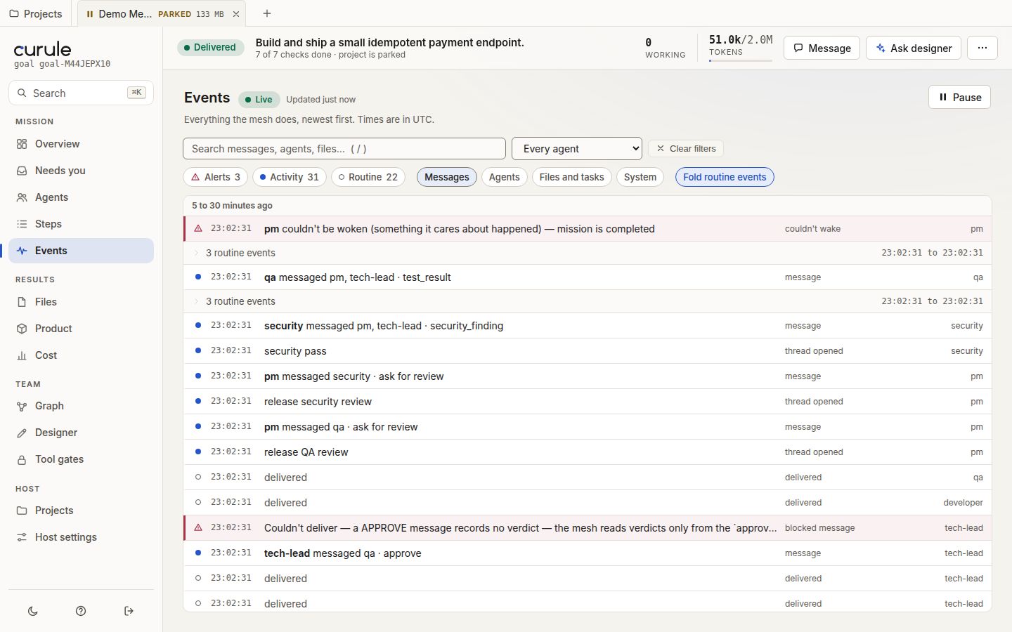 The Events view of the same mission, filtered to messages: the append-only log newest first, who messaged whom and about what, and two red lines for things the runtime did not do, one of them a message it would not deliver, each with the reason it gives.