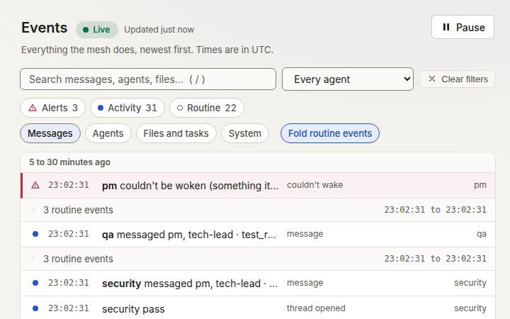 Live events: the event log newest first with a search box, an agent filter, chips for alerts, activity and routine events with Messages selected, a red line for an agent that could not be woken because the mission was complete, and who messaged whom.
